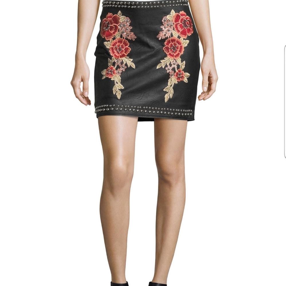 Faux Leather Studded Embroidered Skirt